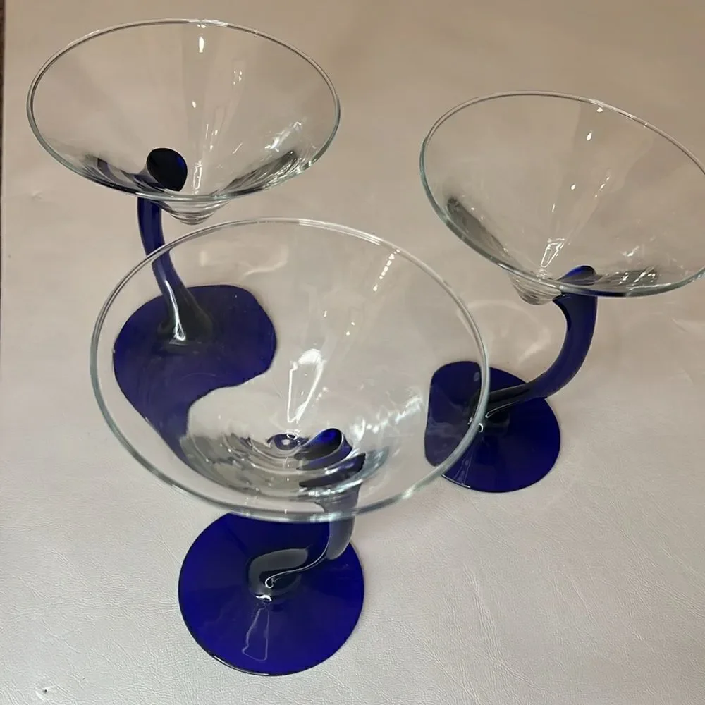Libby Martini Glasses Cobalt Blue Curved Stem Art Glass Swerve Bravura Set 3